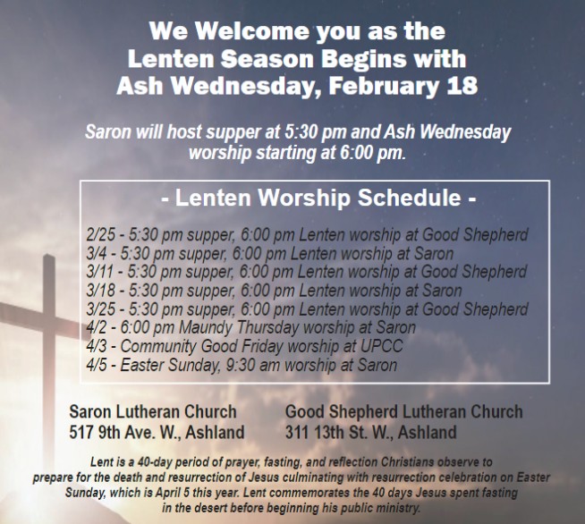 Image with calendar (available below) for Lenten Services at Saron and Good Shepherd. Cross and sky in background. 
