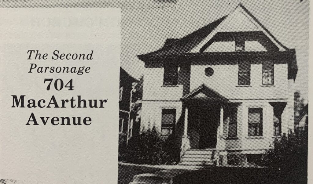 Black and white photo of a house with text 704 MacArthur Ave.